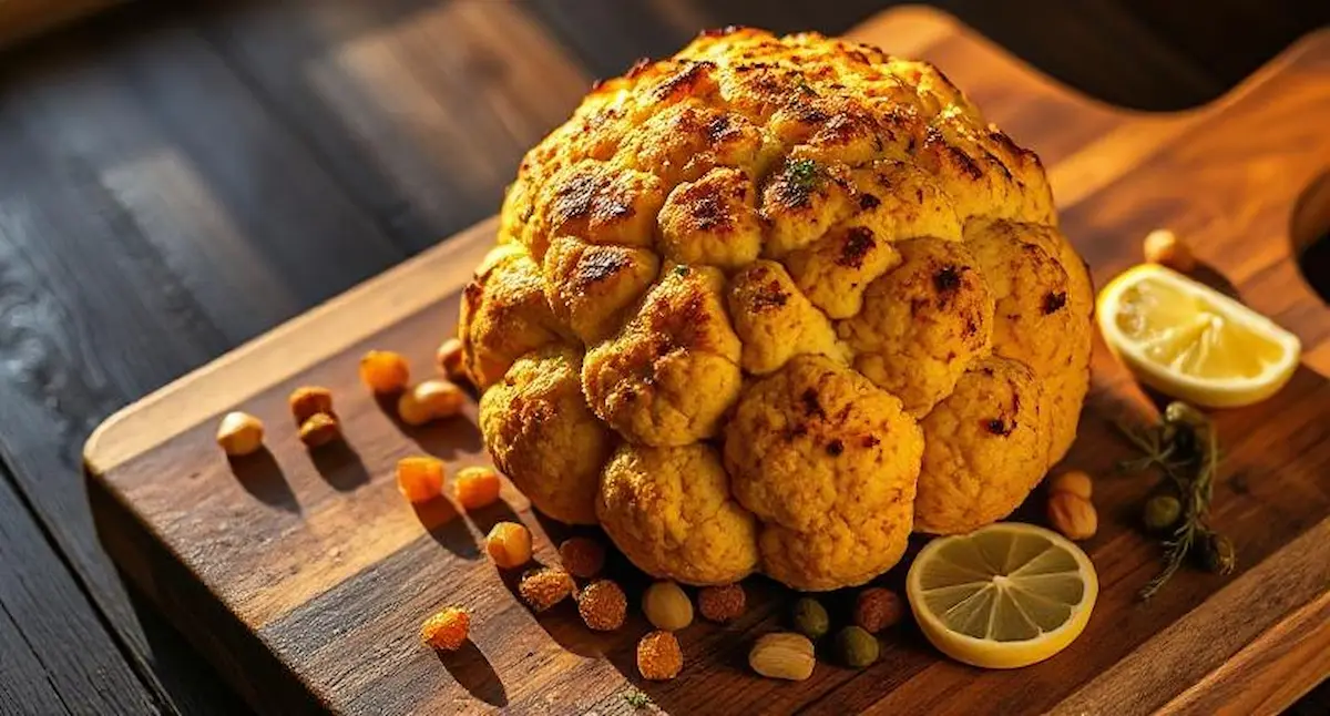 Cinematic photorealistic shot of a rustic wooden cutting board featuring a perfectly roasted golden cauliflower head surrounded by scattered golden raisins, toasted pine nuts, and fresh capers, with Mediterranean herbs and lemon slices artfully arranged around the edges. Medium shot with shallow depth of field focusing on the caramelized cauliflower florets. Warm golden hour lighting streaming from the left side creates dramatic shadows and highlights the crispy, bronzed edges of the cauliflower. Sophisticated earth-tone color palette dominated by golden yellows, warm browns, and deep olive greens. Award-winning food photography, hyper-detailed texture showing the crispy exterior and tender interior of the cauliflower, sharp focus, 8K resolution, masterpiece quality.